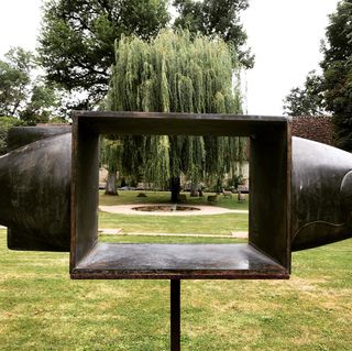 Frame made of a metallic fish with a garden behind