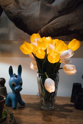 Still life of a buffet with a small donky statue and a vase full of enlighten tulips on