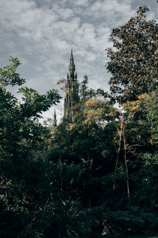 View of the Scott monument in Edinburgh hidden behind trees